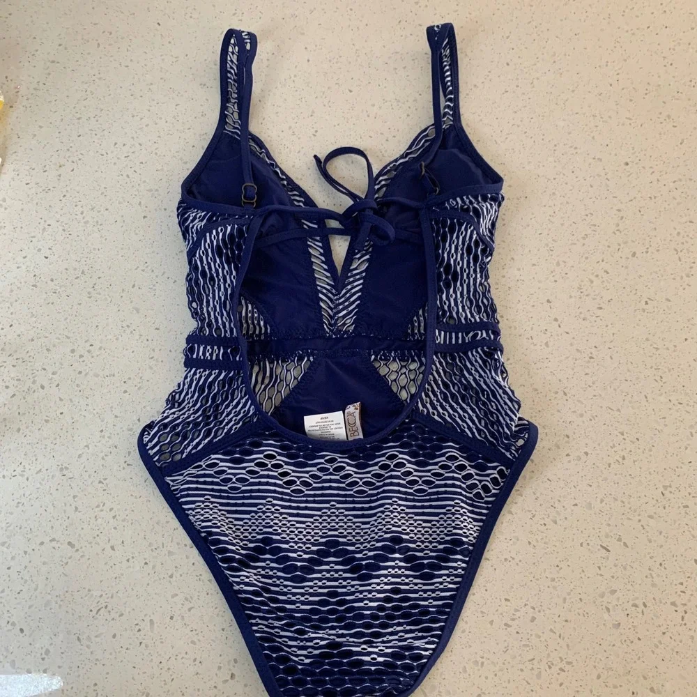 BECCA Navy White Crochet Lace Up One Piece Swimsuit Monokini XS/XP